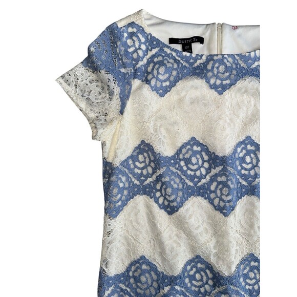 Suiti Lace Shift Dress Blue White Scallop Floral Overlay Short Sleeve Sz 10P - Picture 3 of 12